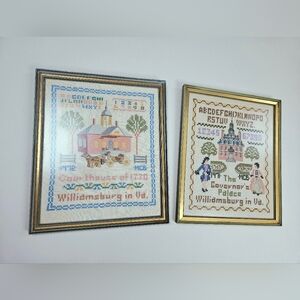 Set Of Two Vintage Framed Cross Stitch Samplers Williamsburg VA